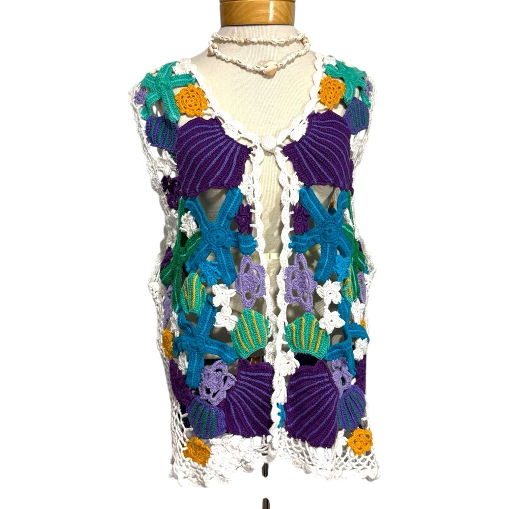 Vintage 90s cotton blend knit Colorful Crochet Vest EVC